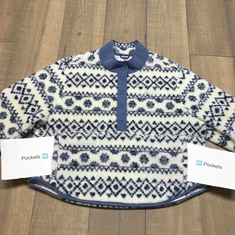VS PINK Jacket Womens Size‎ XL Blue Sherpa Fair Isle Plush Teddy Snap Pullover